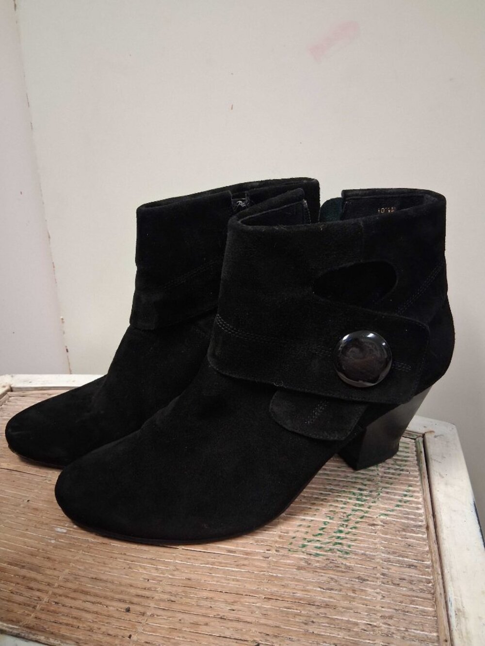 Vaneli Black Suede Ankle Boots with Button Detail